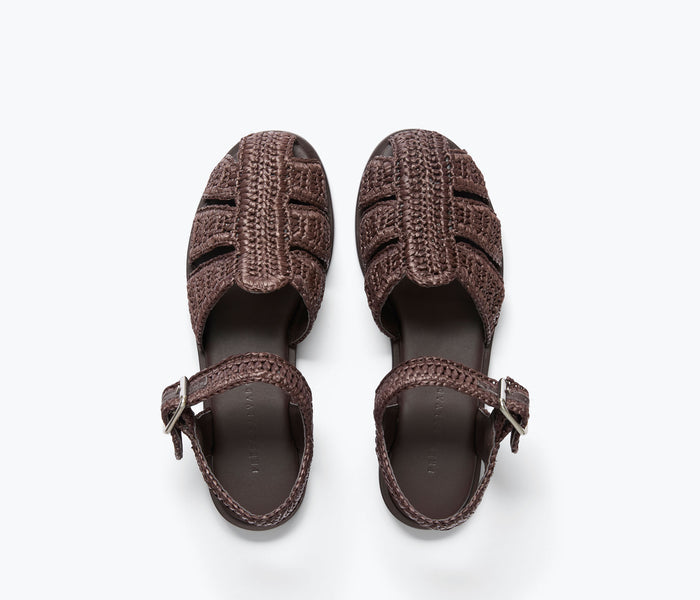 Freda Salvador Sera Fisherman Sandal in chocolate raffia with woven top, showcasing stylish and comfortable summer footwear.