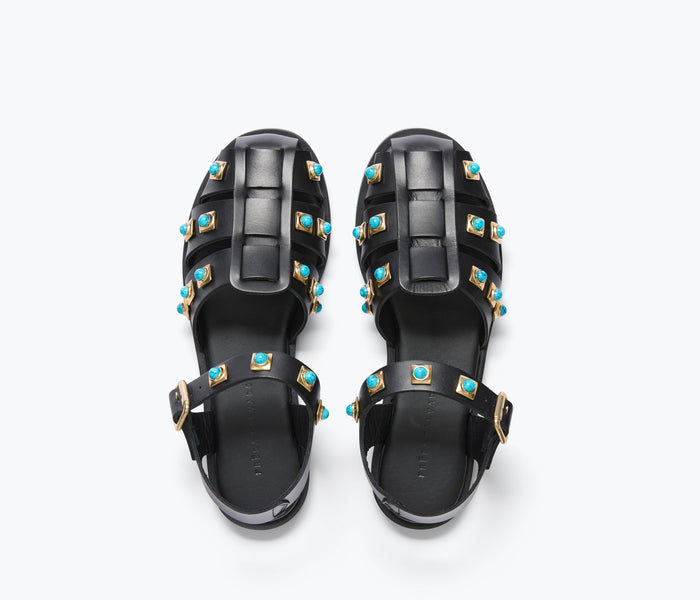 Freda Salvador SERA fisherman sandal with black calf leather, turquoise stones, and open toe design.
