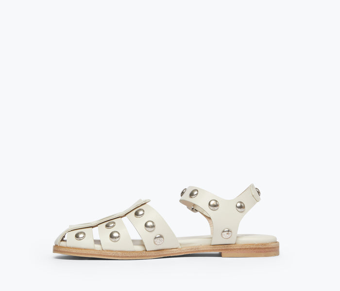 Freda Salvador Sera fisherman sandal in dove white with studded detailing and inside view showing comfortable design.
