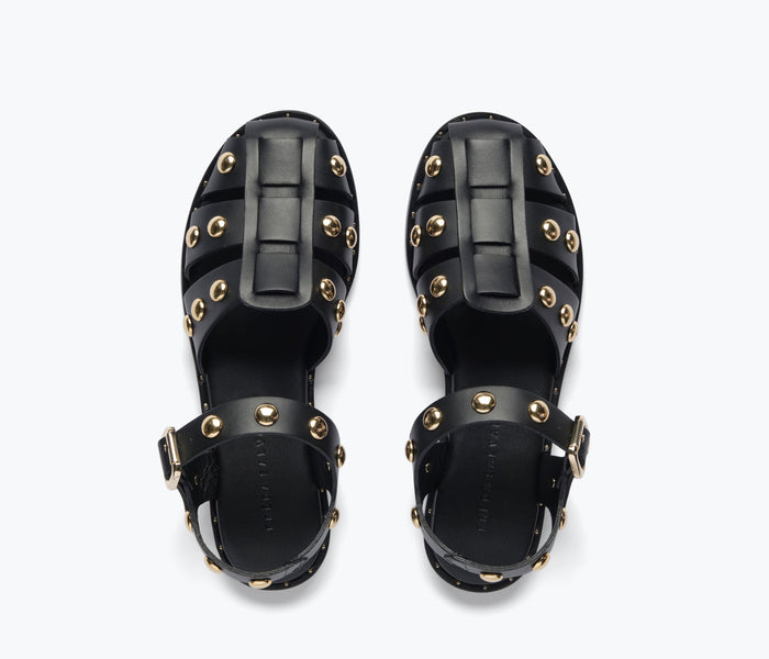 FREDA SALVADOR SERA fisherman sandal in black with a peep-toe design and ankle strap, displayed from the top view.
