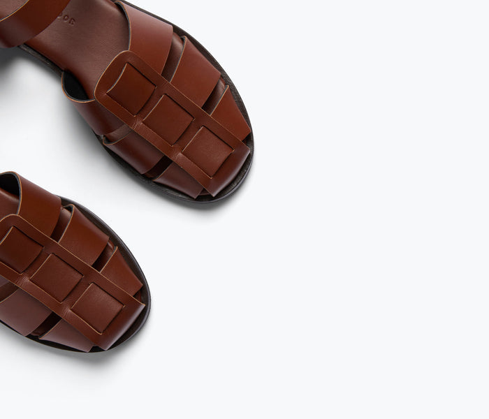 Freda Salvador SERA fisherman sandal in chocolate calf leather with detailed strap design and sturdy sole.