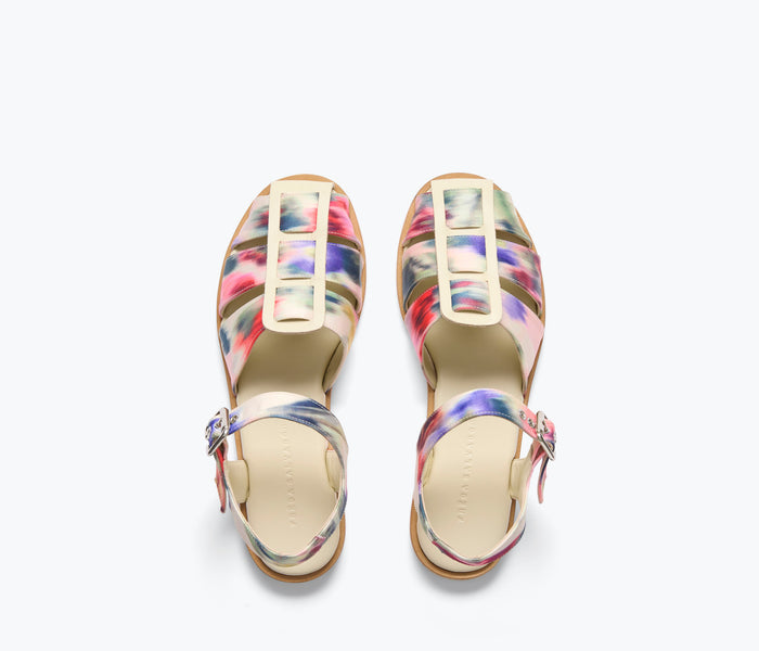 Freda Salvador SERA fisherman sandal with watercolor satin top, showcasing a stylish and elegant sandal design.