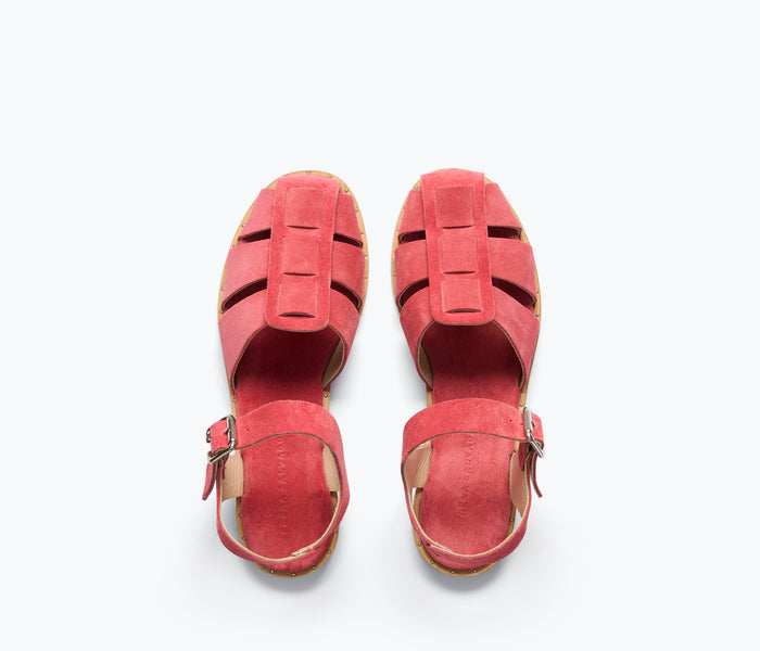Freda Salvador SERA Fisherman Sandal in watermelon suede with woven strap detail, shown from the top view.