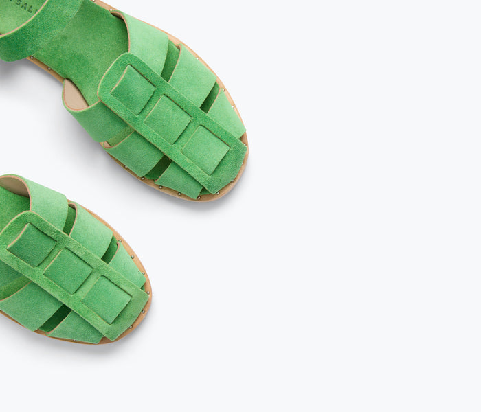 Freda Salvador SERA fisherman sandal in Kelly green suede with detailed strap design, casual open-toe footwear for women.