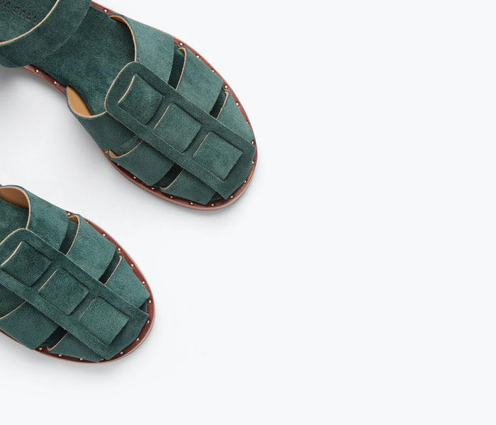Freda Salvador SERA Fisherman Sandal in emerald suede with detailed stitching and open toe design.