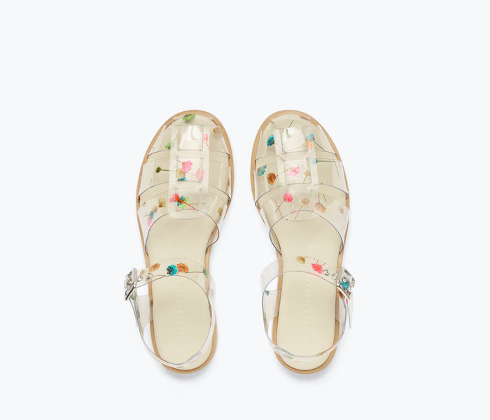 Freda Salvador SERA Fisherman Sandal with floral PVC top featuring a slip-on design and open toe style.