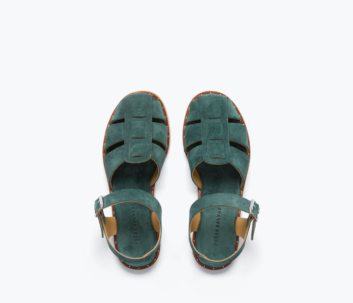 Fred Salvador SERA Fisherman Sandal in emerald suede, showcasing a stylish open-toe design with detailed straps and a comfortable sole.