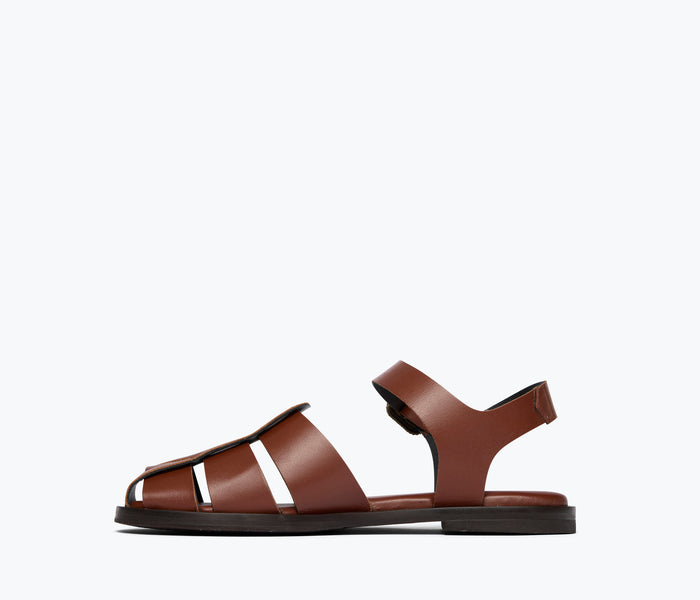 Freda Salvador SERA Fisherman Sandal in chocolate calf leather, showing the inside view with detailed stitching and smooth leather finish.
