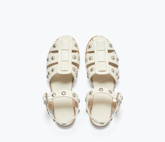 Freda Salvador SERA fisherman sandal in dove white with studded strap and open toe design, stylish and casual footwear.