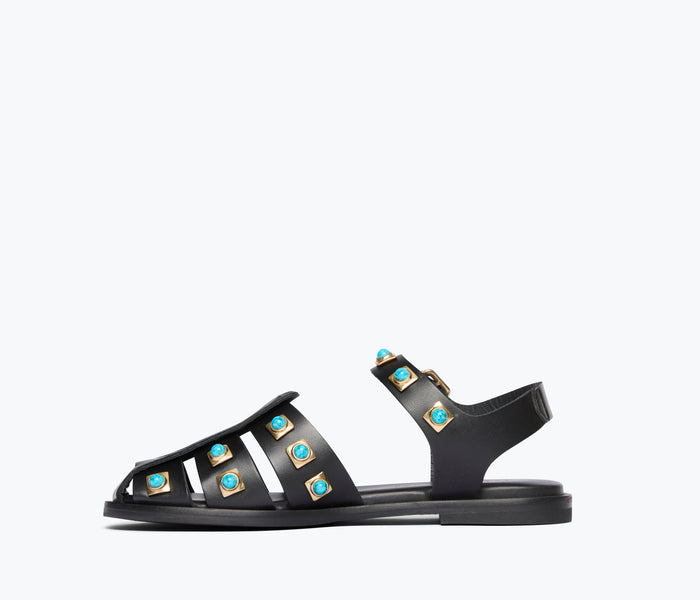 FREDA SALVADOR SERA fisherman sandal in black calf leather with turquoise stones and inside view showing detailed craftsmanship.