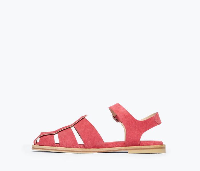 Freda Salvador SERA Fisherman Sandal in watermelon pink suede with inside view showing comfortable design and stylish straps.
