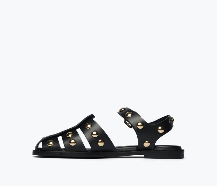 Black SERA Fisherman sandal by FREDA SALVADOR with inside view, showcasing its stylish woven design and comfortable fit.