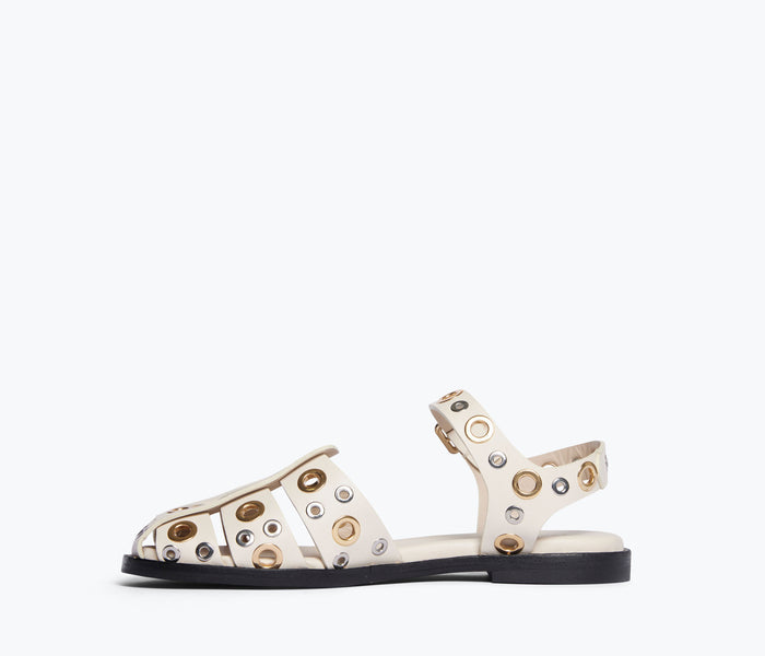 Freda Salvador Sera Fisherman Sandal in bone color with grommet details and open-toe design on a white background.