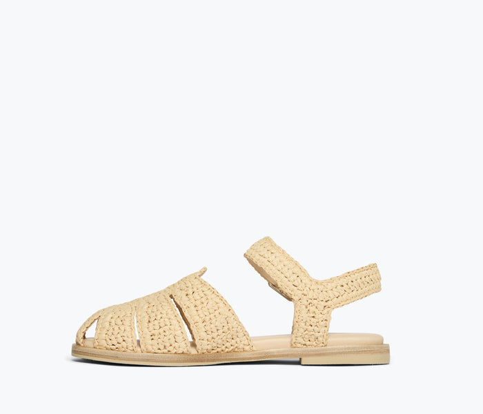Freda Salvador Sera Fisherman Sandal with natural raffia straps and open toe design, showcasing casual, stylish footwear.