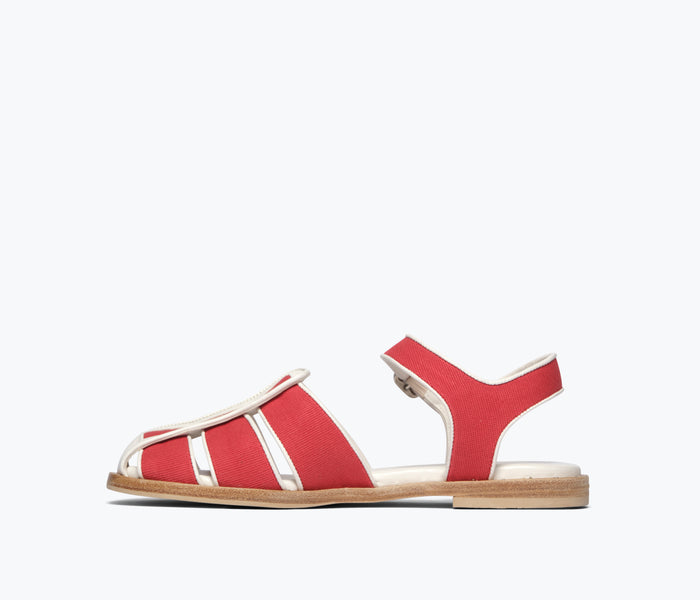 Red SERA FISHERMAN SANDAL by FREDA SALVADOR, showing inside view with detailed straps and comfortable footbed.