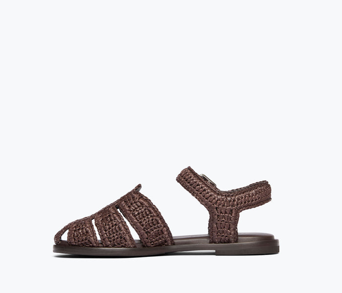 Freda Salvador Sera Fisherman Sandal in chocolate raffia with woven design and open toe, inside view showing stylish craftsmanship.