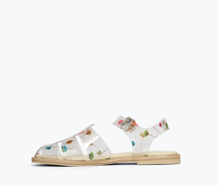 Freda Salvador Sera Fisherman Sandal with floral PVC design, featuring a clear strap and comfortable inside view