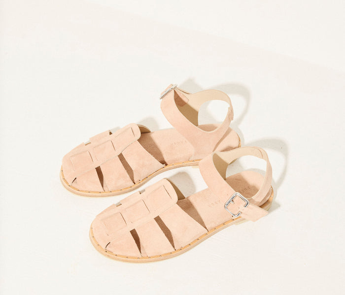 Freda Salvador Sera Fisherman Sandal in blush suede with chunky sole and open toe design, showcasing stylish craftsmanship.