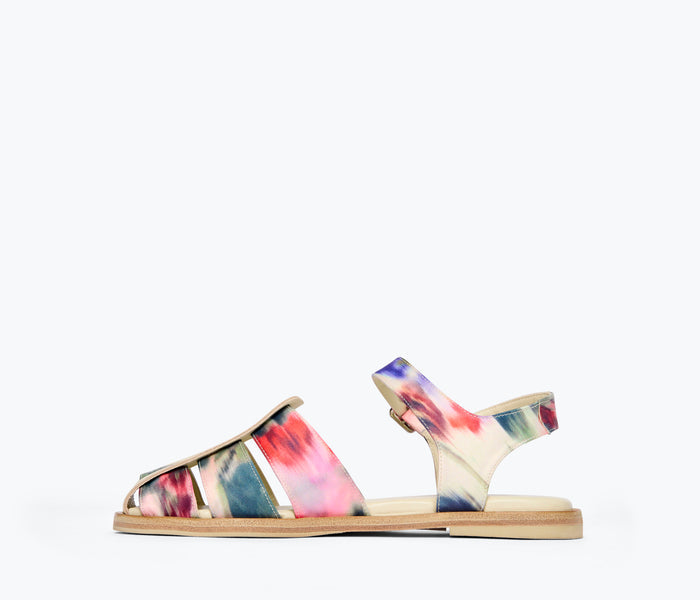 Freda Salvador SERA Fisherman Sandal in watercolor satin, showing the inside view of the stylish sandal with textured strap details.
