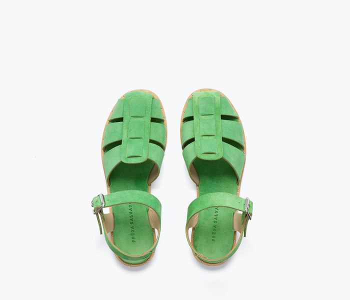 Freda Salvador Sera Fisherman Sandal with green suede straps and chunky sole, showcasing a stylish and comfortable design.