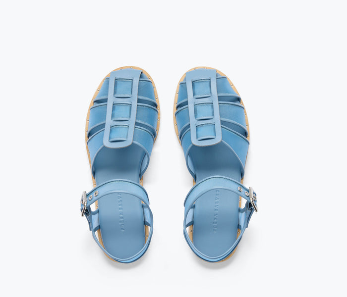 Freda Salvador SERA fisherman sandal with denim mesh top, featuring casual open-toe design and ankle straps.