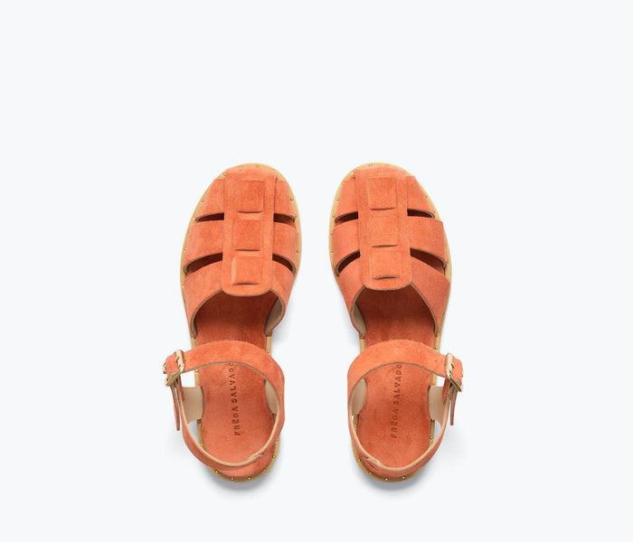 Freda Salvador SERA Fisherman Sandal in cantaloupe suede with open toe and ankle strap design.