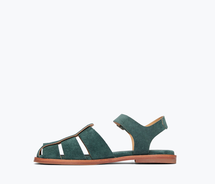 Freda Salvador SERA Fisherman Sandal in emerald suede, showing the inside view with detailed stitching and comfortable design.