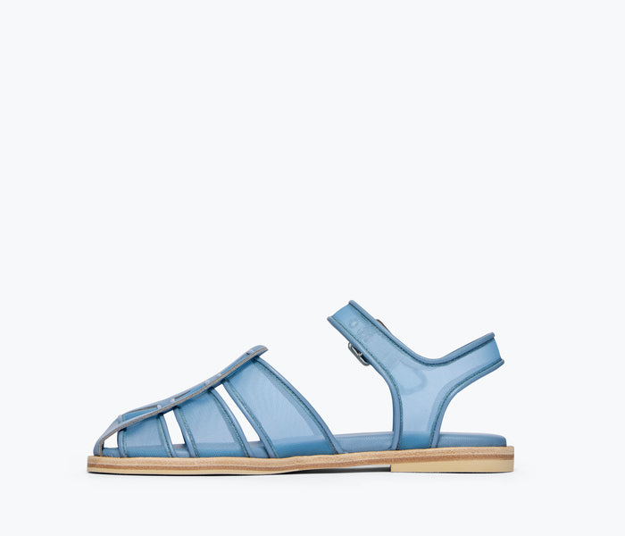 Freda Salvador SERA fisherman sandal in denim mesh with inside view, showcasing stylish and comfortable footwear design.