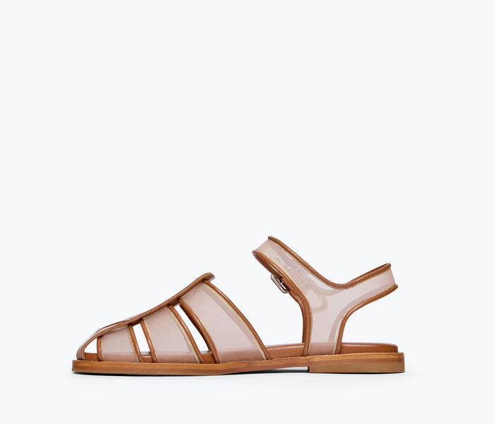 Freda Salvador SERA fisherman sandal with stone mesh design, featuring open-toe style and ankle strap, on a neutral background.