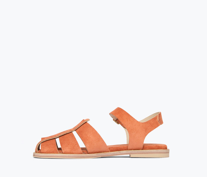 Freda Salvador SERA Fisherman Sandal in cantaloupe suede showing inside view with strap details and soft leather interior.