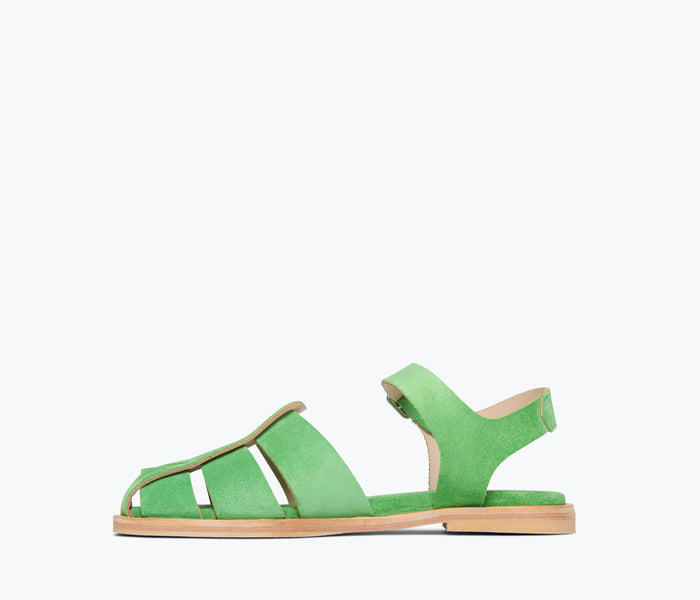 Freda Salvador SERA Fisherman Sandal in Kelly green suede, showing the inside view with detailed straps and stitching.