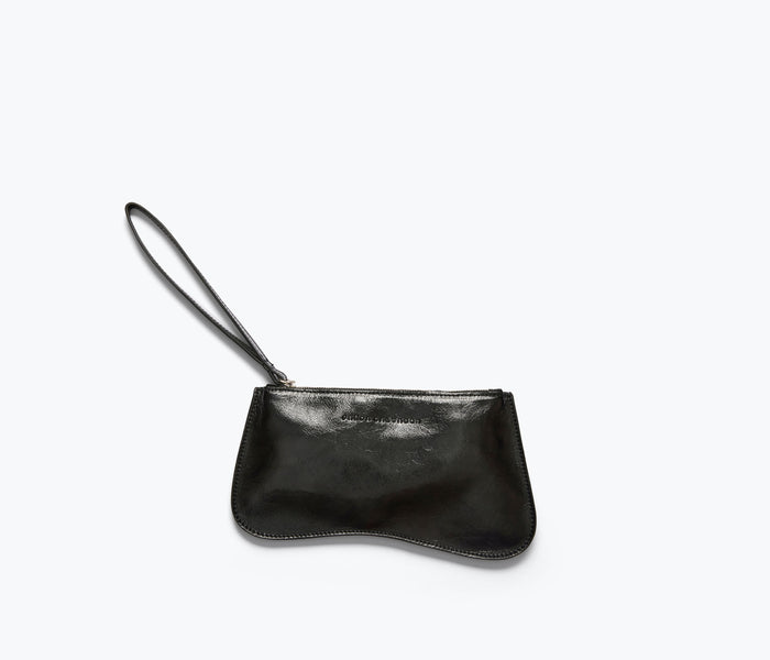 Freda Salvador Serena black crinkle leather slip pouch with sleek front design, compact size for essentials storage.