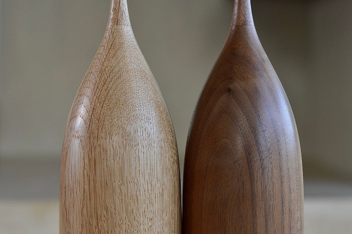Detail of Serratus Pepper Mill Grinders that twist in Black Walnut or White Oak.
