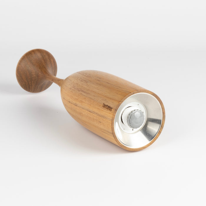 Close up on adjustable Danish ceramic mechanism on the serratus teak pepper mill by Tantalus.