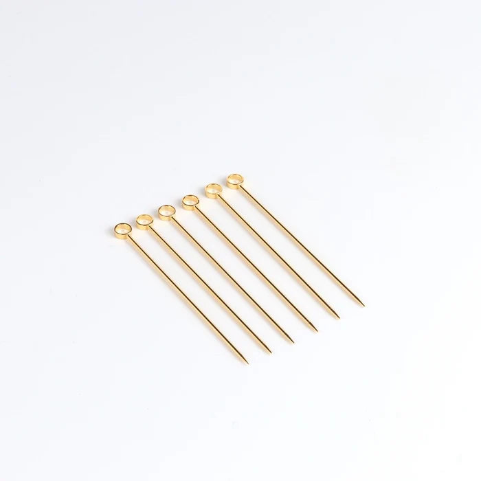 Everyday Barware essentials set of six gold circle and gold plated cocktail picks made in Japan on white background.