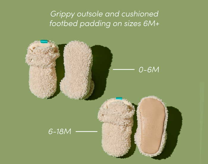 Top and bottom view of Ten Little Sherpa Baby Booties 0-6M and 6-18M with a grippy outsole and cushioned footbed padding. Available at www.tenlittle.com