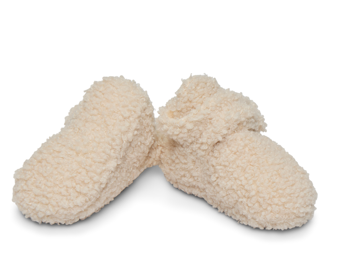 Top and bottom view of Ten Little Sherpa Baby Booties without grippy outsole (0-6M). Available at www.tenlittle.com