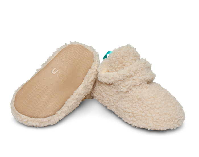 Top and bottom view of Ten Little Sherpa Baby Booties with grippy outsole (6-18M). Available at www.tenlittle.com