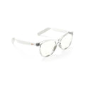 The Reebok Shine smart eyewear features clear frames, slightly tinted lenses, and white arms with open-ear audio. Displayed at a three-quarter angle on a white background.