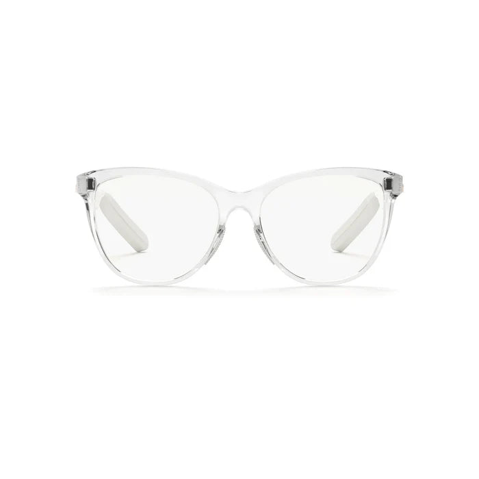 The Reebok Shine smart glasses feature a clear, translucent frame with a subtle cat-eye shape and modern, minimalistic design—perfect for fashion-forward eyewear enthusiasts. Shown from the front on a white background.