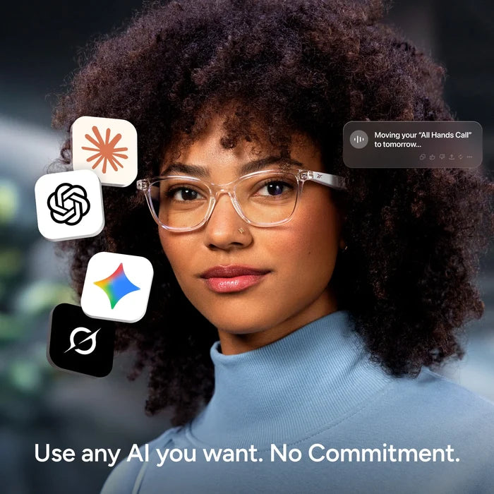 A woman with curly hair and glasses—wearing Reebok Shine smart glasses with open-ear audio—looks at the camera. Logos of AI tools and a notification appear. Text reads, “Use any AI you want. No Commitment.”.
