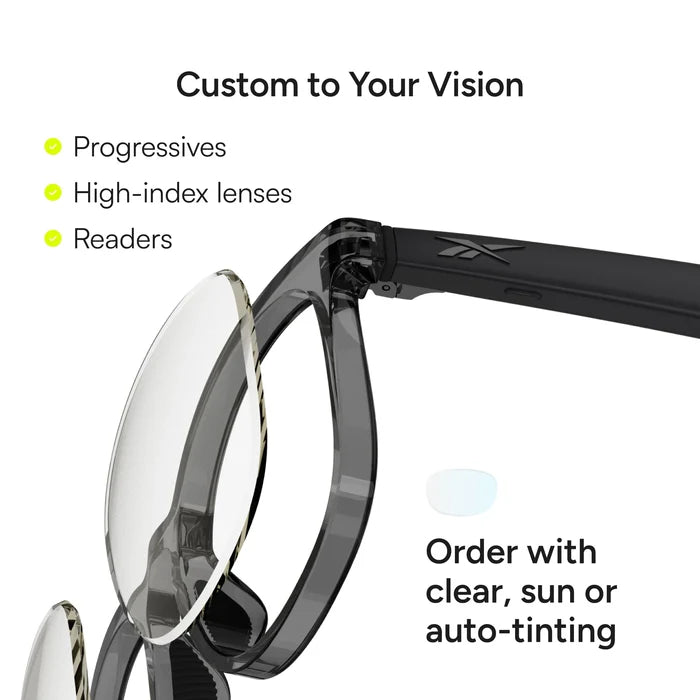 Close-up of Reebok Shine smart glasses with one lens removed, showcasing customization options: progressives, high-index lenses, and readers. Order with clear, sun, or auto-tinting lenses. Black and gray frame shown.