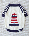 lighthouse dog sweater with nautical stripes, cozy knit pet apparel inspired by coastal style