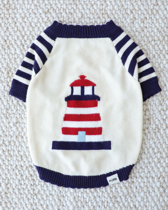 lighthouse dog sweater with nautical stripes, cozy knit pet apparel inspired by coastal style