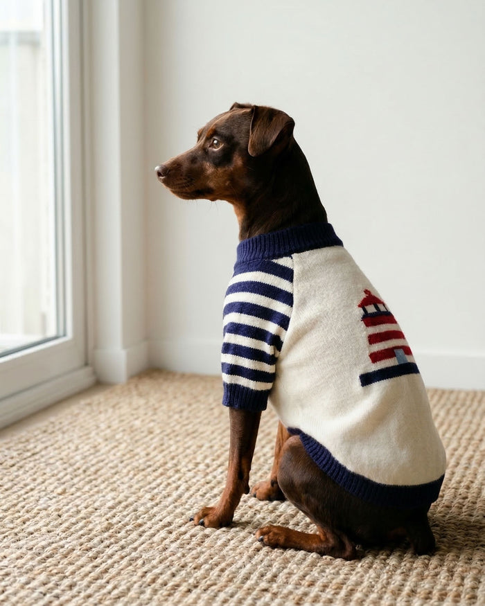 coastal inspired dog sweater with lighthouse motif, comfortable knit apparel for fashionable pets