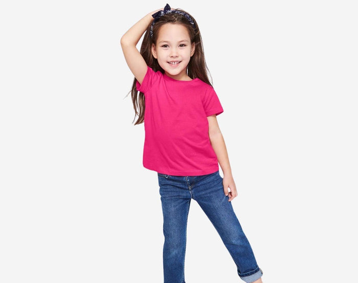 Girl wearing Primary Short Sleeve Slim Tee in Fuchsia - 3 Pack - Fuchsia Mix. Available at www.tenlittle.com