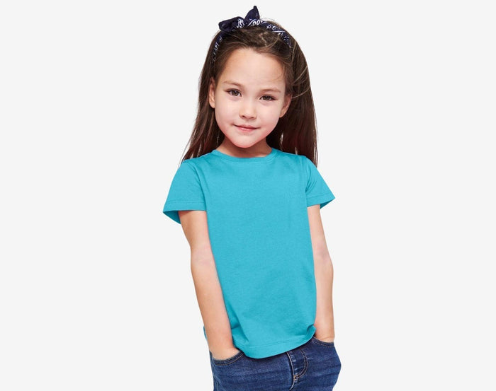 Girl wearing Primary Short Sleeve Slim Tee in Lagoon - 3 Pack - Clover Mix. Available at www.tenlittle.com