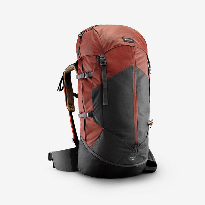 Red and gray backpack on a white background