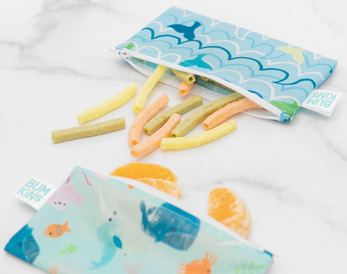 Bumkins Small Reusable Snack Bag 2 pack in Ocean Life & Whale Tail with food inside