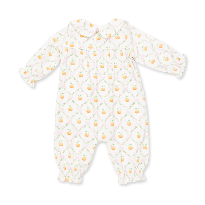 Smocked Long Sleeve Romper-Pretty Pumpkin Trellis